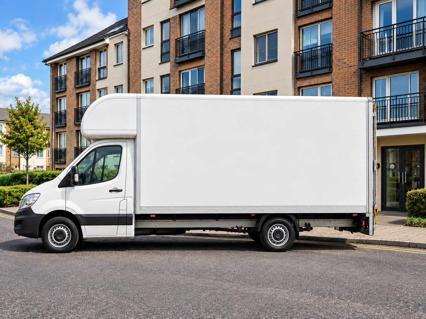 White Luton van outside flats
