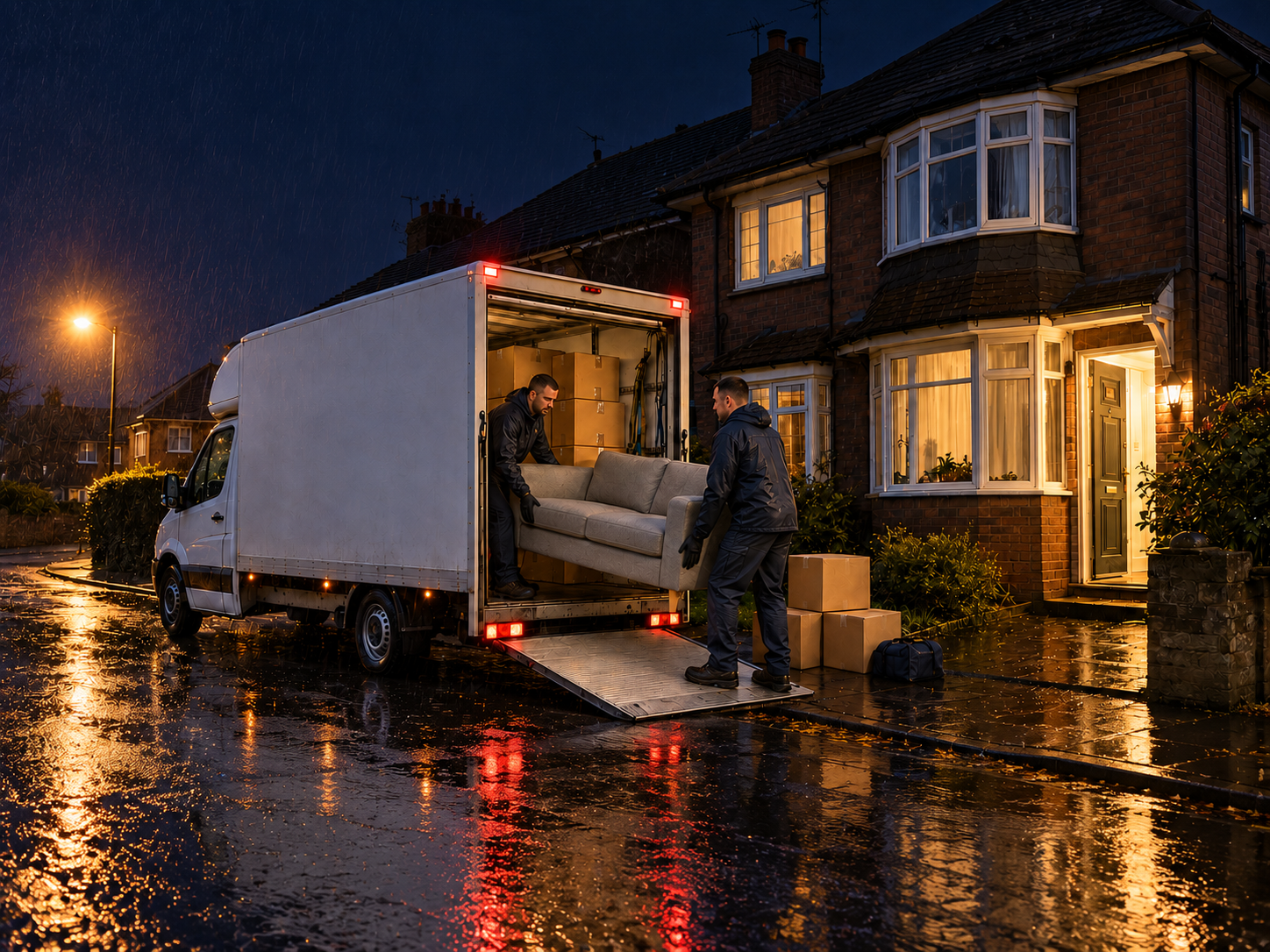 Movers loading a sofa into a van after dark