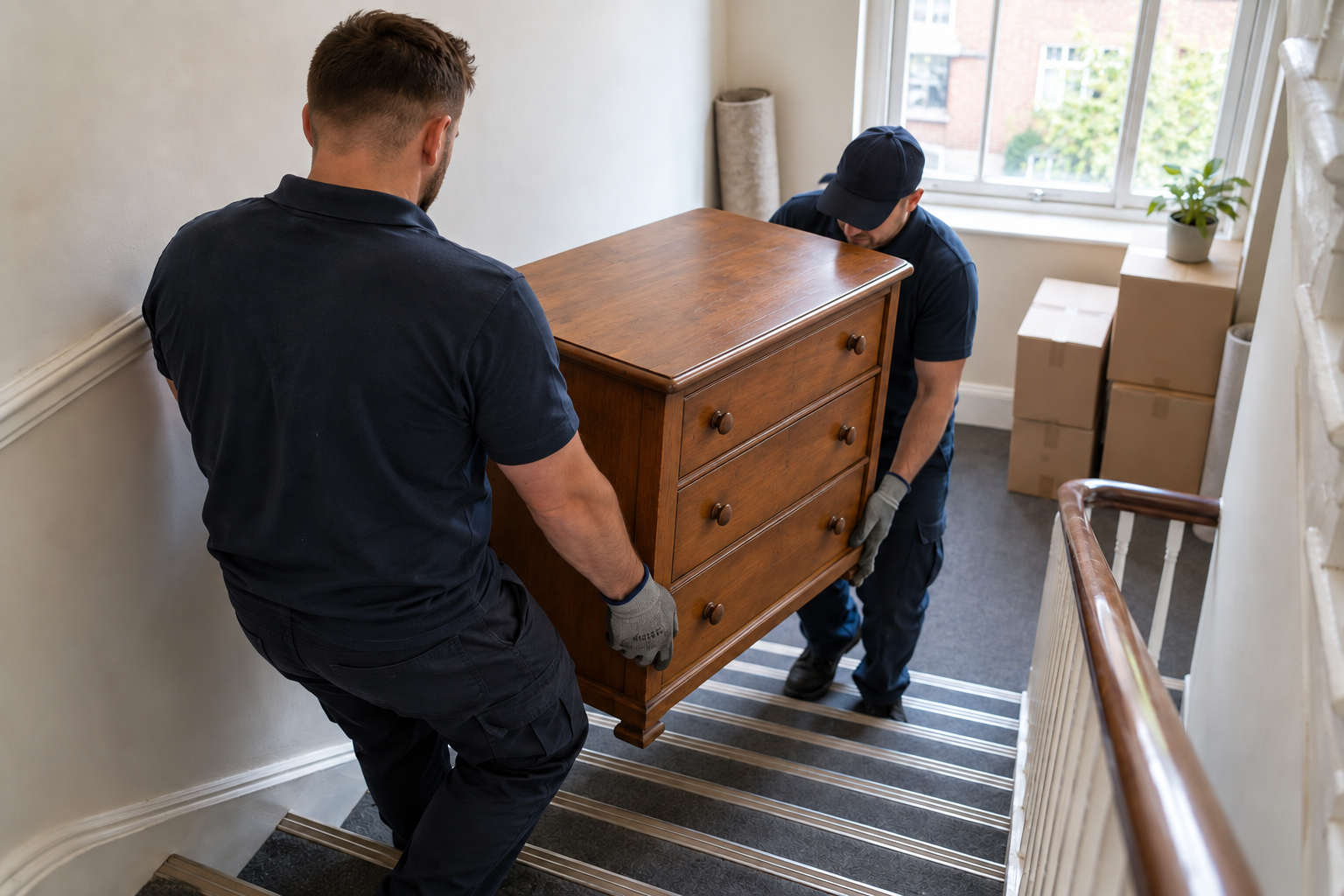 Illustrative scene of two movers carefully carrying an uncovered wooden chest of drawers on flat stairs