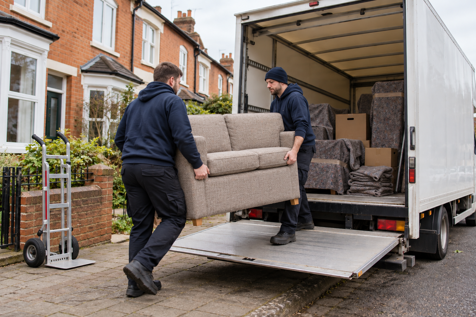 Illustrative scene of two movers loading a sofa into a Luton van, with blanket-protected furniture inside and a removals trolley beside the van