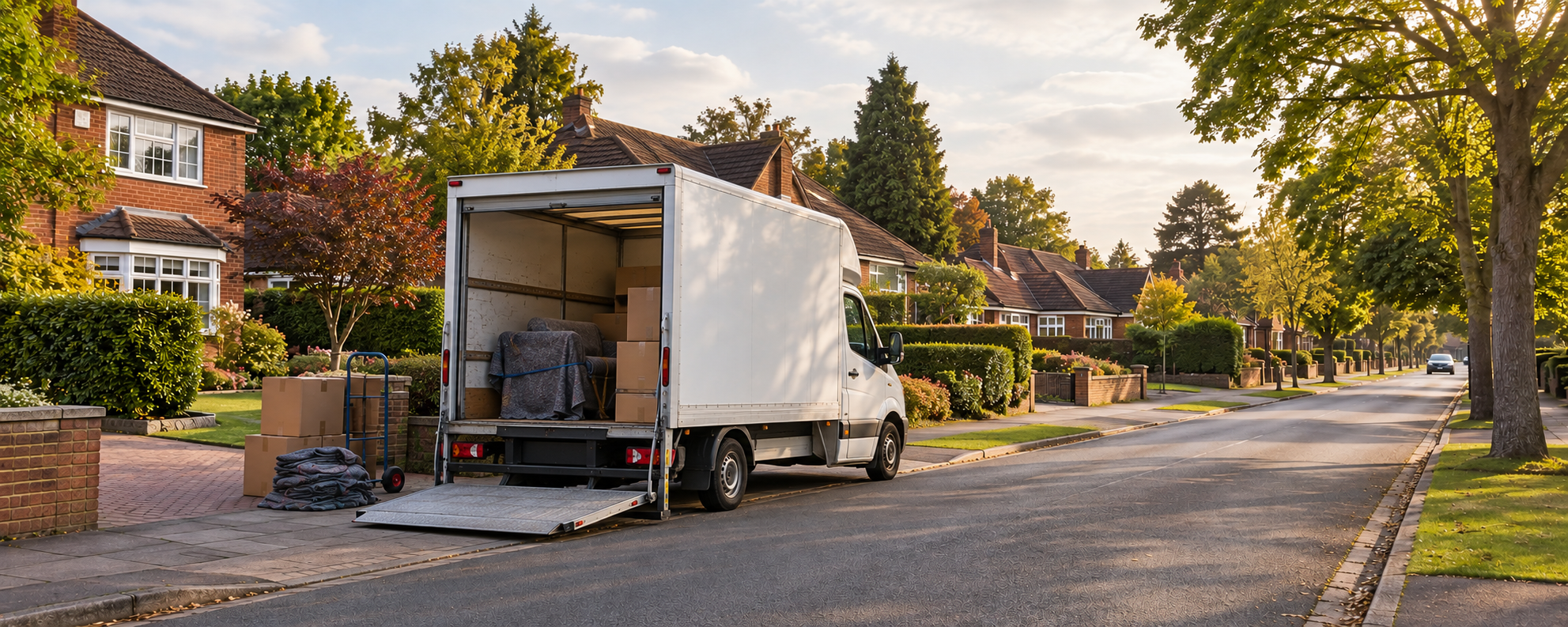 Illustrative Luton removal van with covered furniture on a leafy residential street