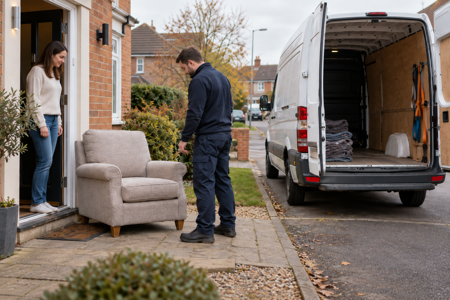 Illustrative scene of a furniture collection with a van outside a home