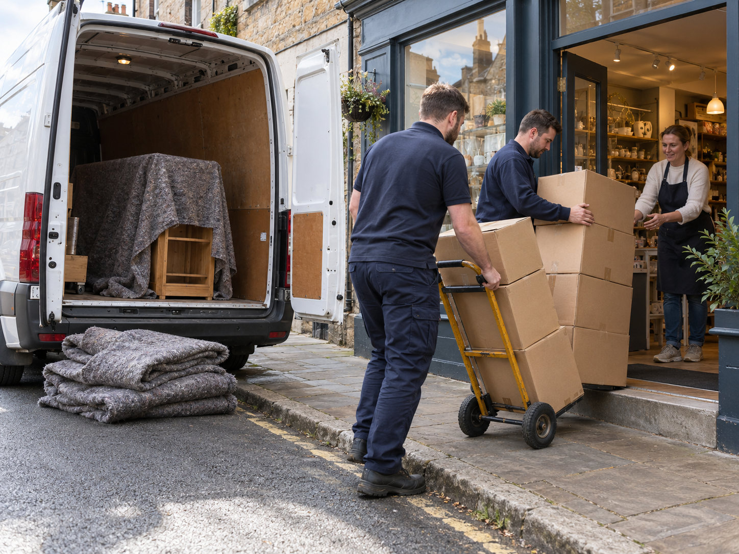 Illustrative movers carrying boxed business stock on a trolley to a shop