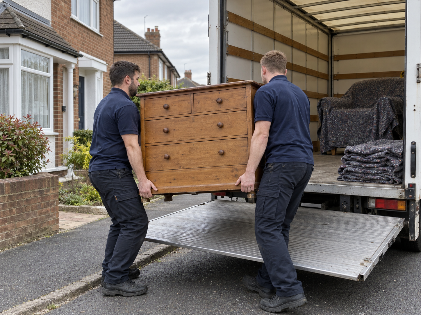 Illustrative movers lifting an uncovered chest of drawers into a Luton van