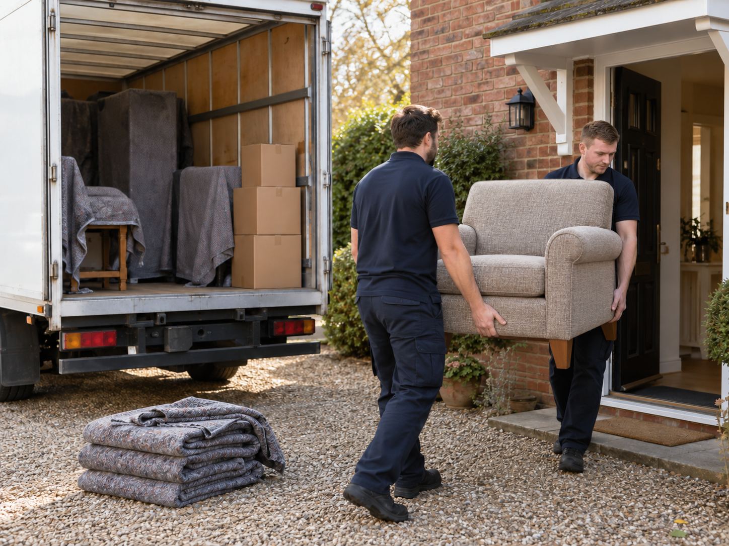 Illustrative mover carrying an armchair toward a Luton box van