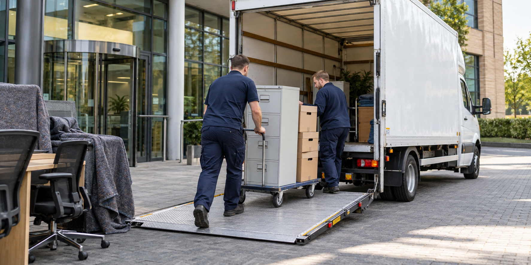Movers loading office filing cabinets and archive boxes into a Luton van