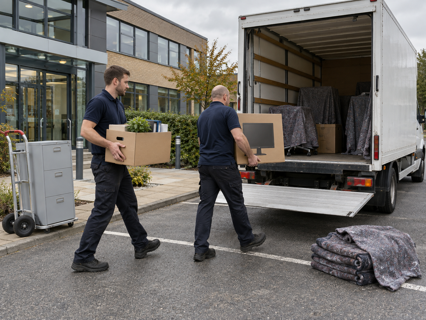 Illustrative office move: movers carrying boxes and a monitor towards a white removal van