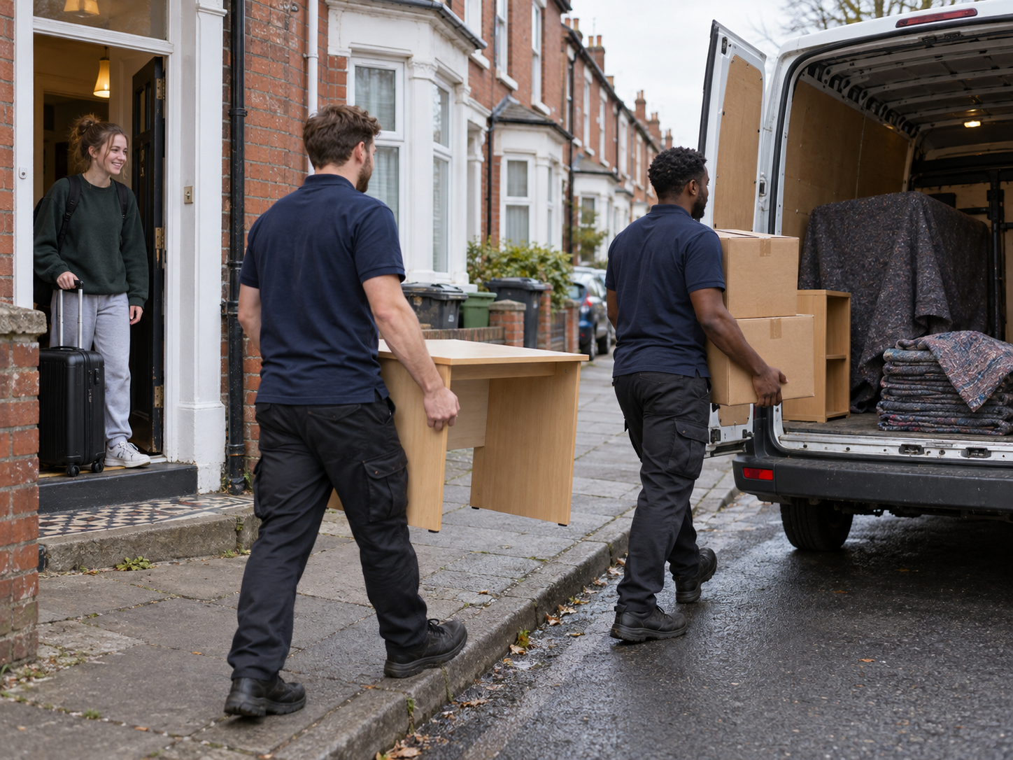 Illustrative movers carrying a desk and boxes from a student house
