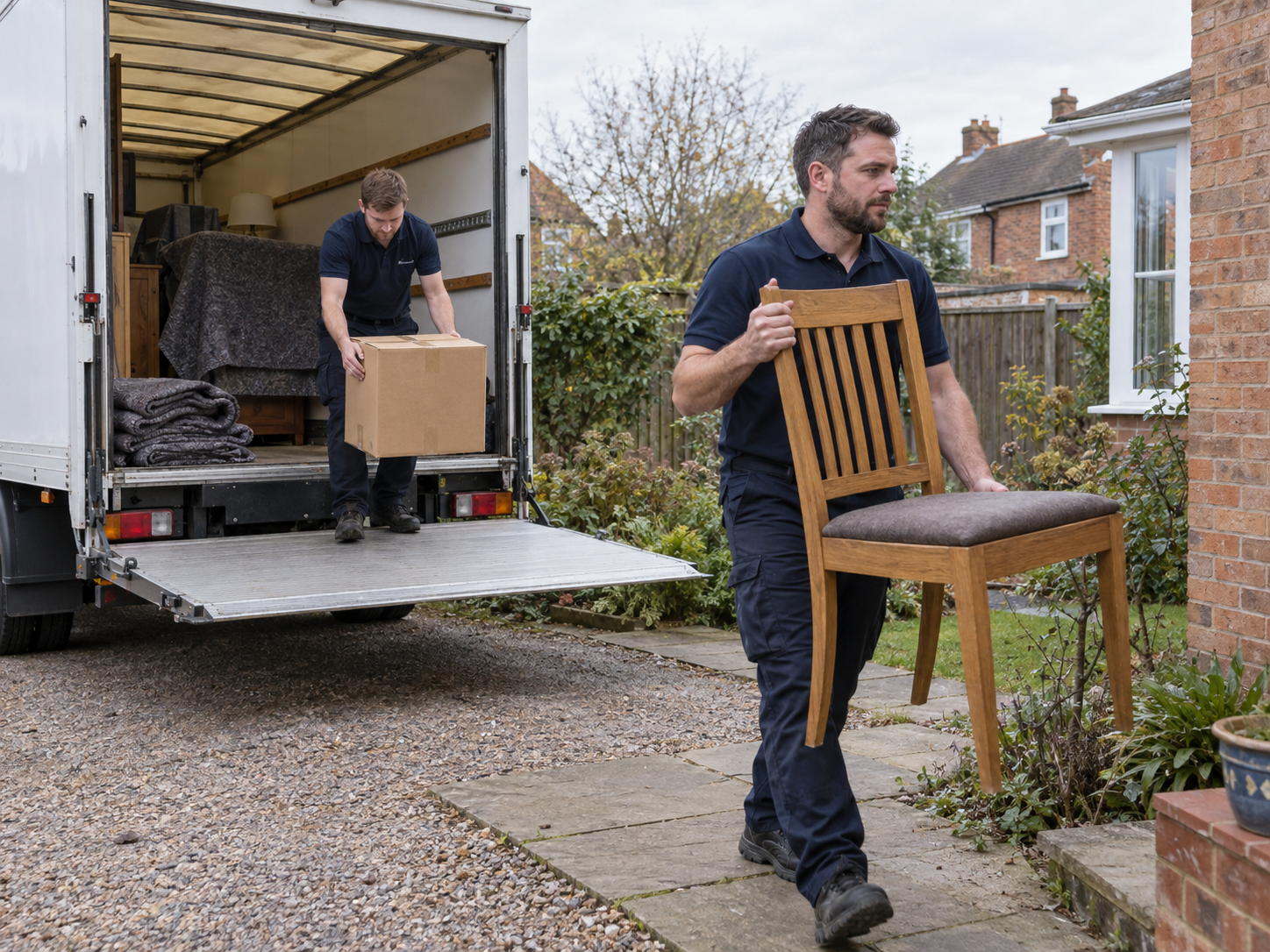 Illustrative mover carrying an uncovered dining chair from a Luton van