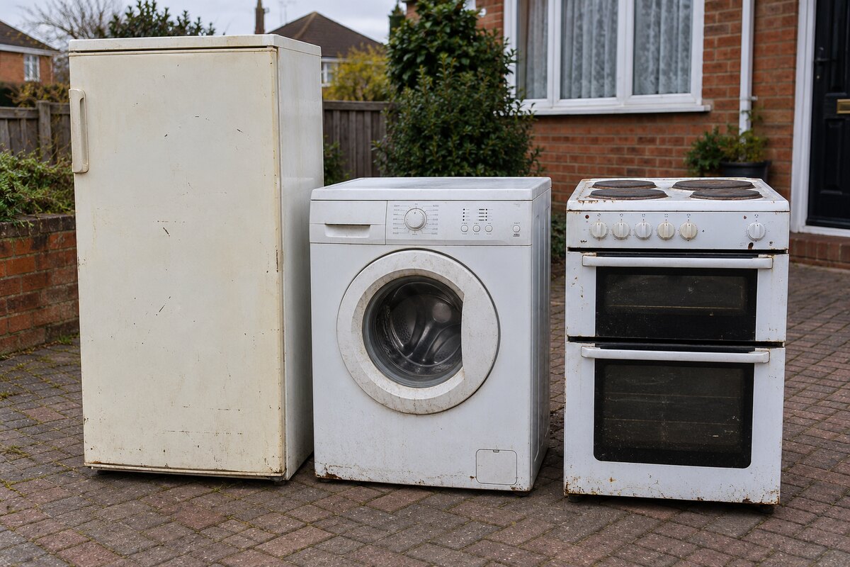 Scratched fridge, dented washing machine and worn cooker awaiting disposal