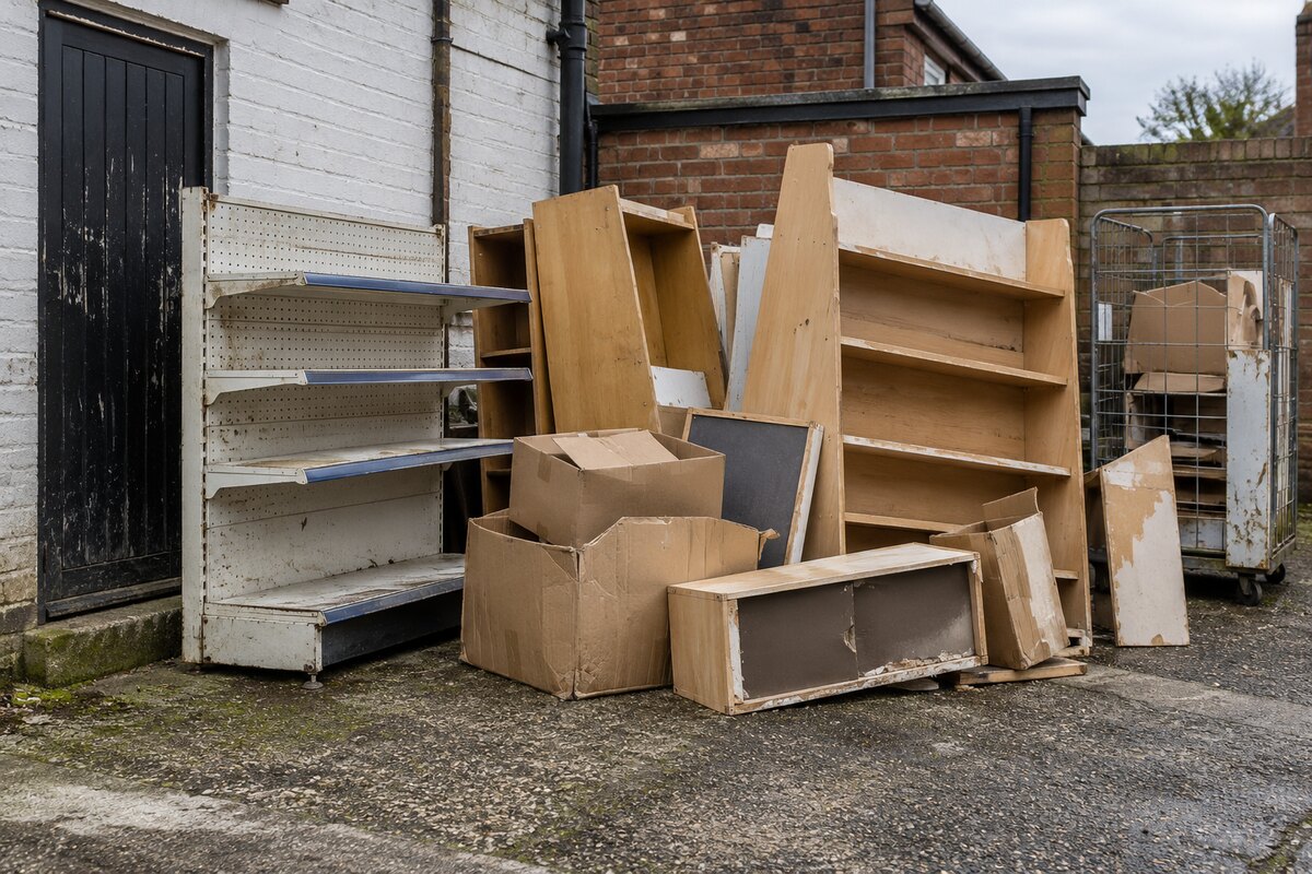 Damaged shop shelving, old display fittings and used packaging awaiting commercial clearance