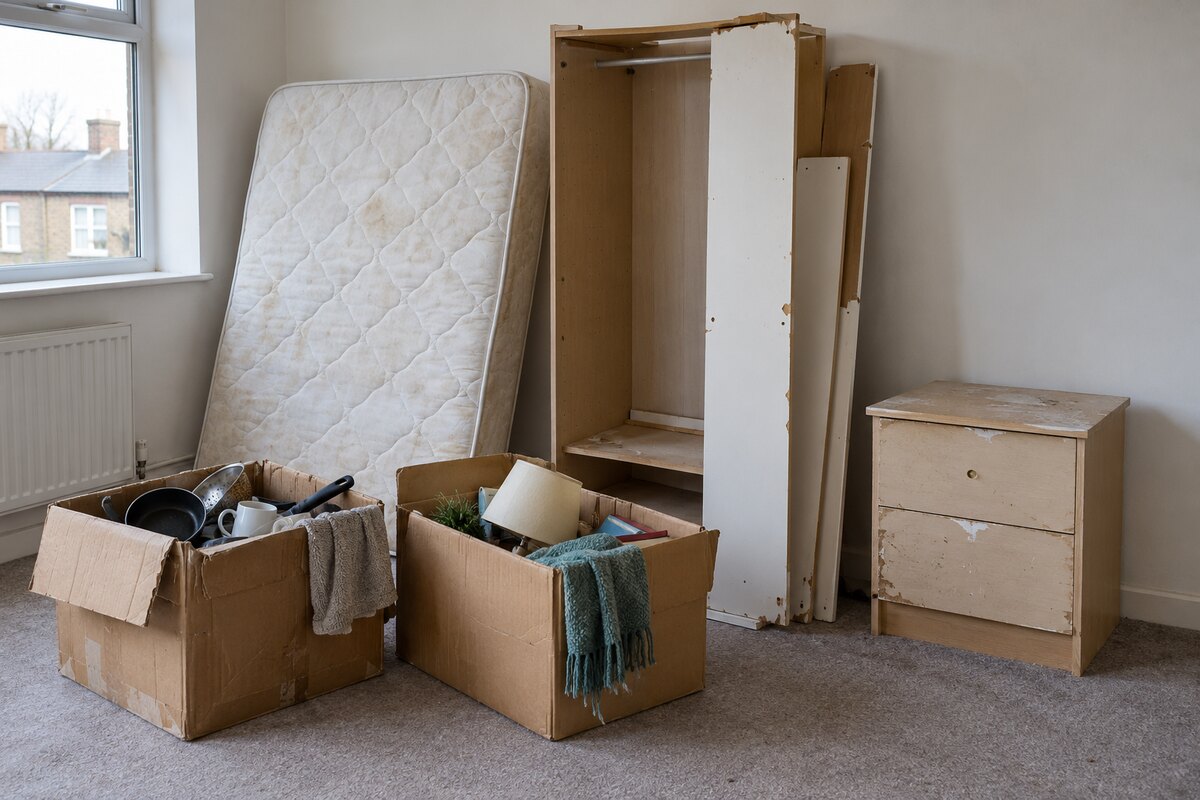Old mattress, chipped furniture and belongings left in a rental property awaiting clearance