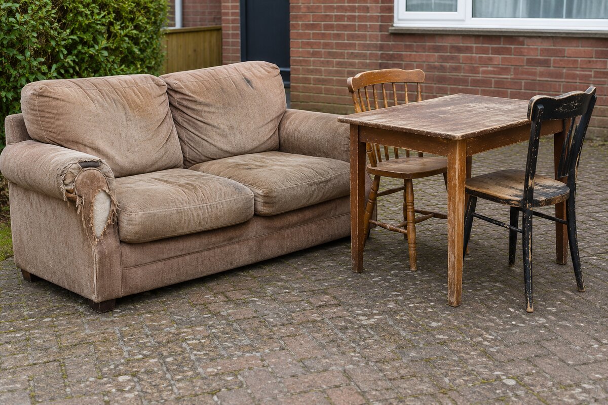 Sagging old sofa, scratched table and damaged chairs awaiting furniture disposal