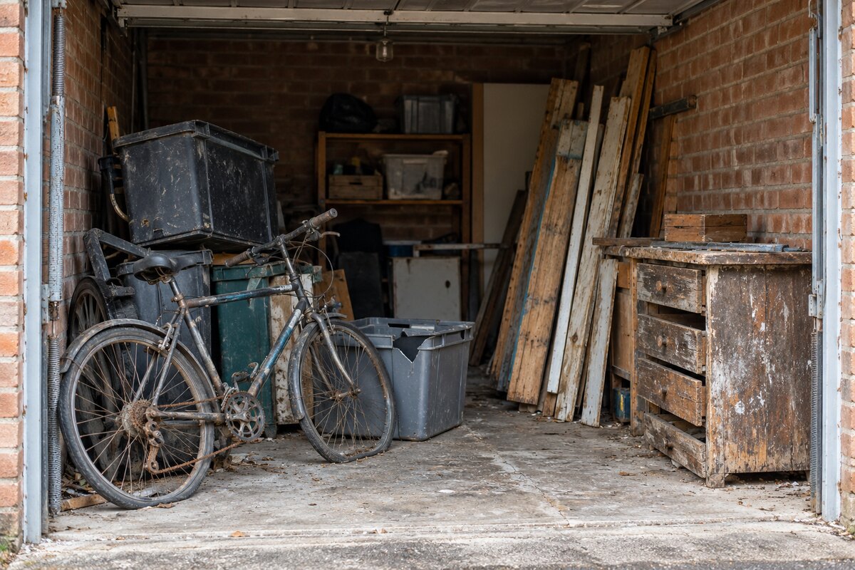 Rusty bicycle, broken storage tubs and old household junk awaiting garage clearance