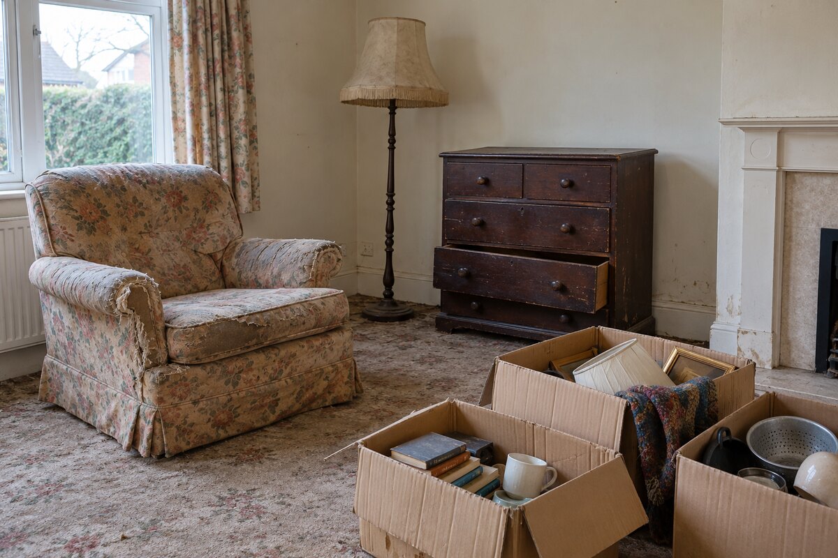 Worn armchair, scratched drawers and unwanted household belongings awaiting house clearance