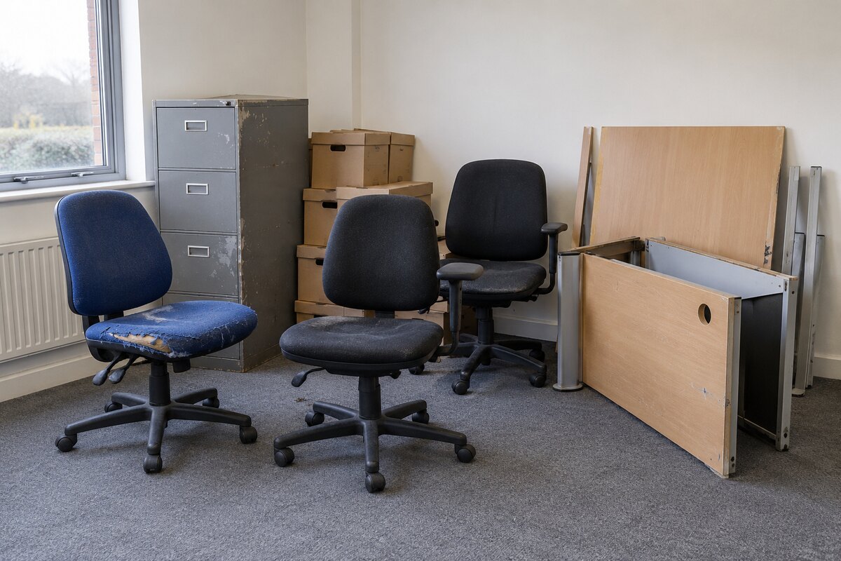 Worn office chairs, an old desk and scratched filing cabinet awaiting disposal