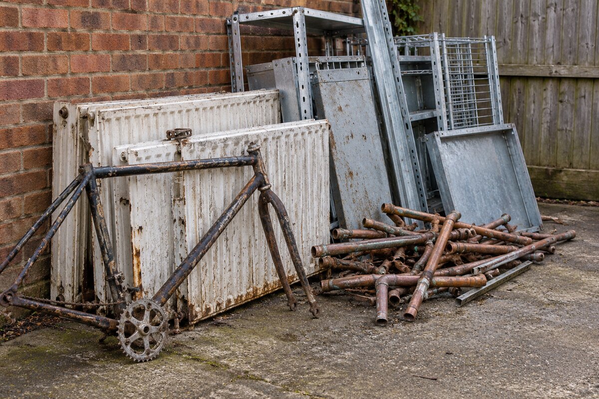 Old radiators, pipes and rusty metal frames collected together for scrap removal