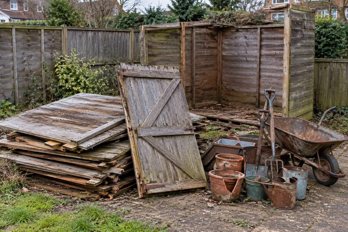 Weathered old shed panels and unwanted shed contents ready to be taken away