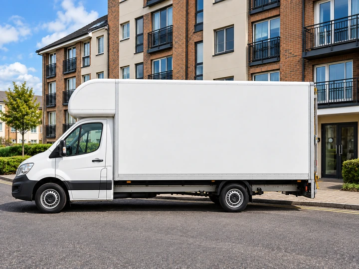 White Luton van outside flats