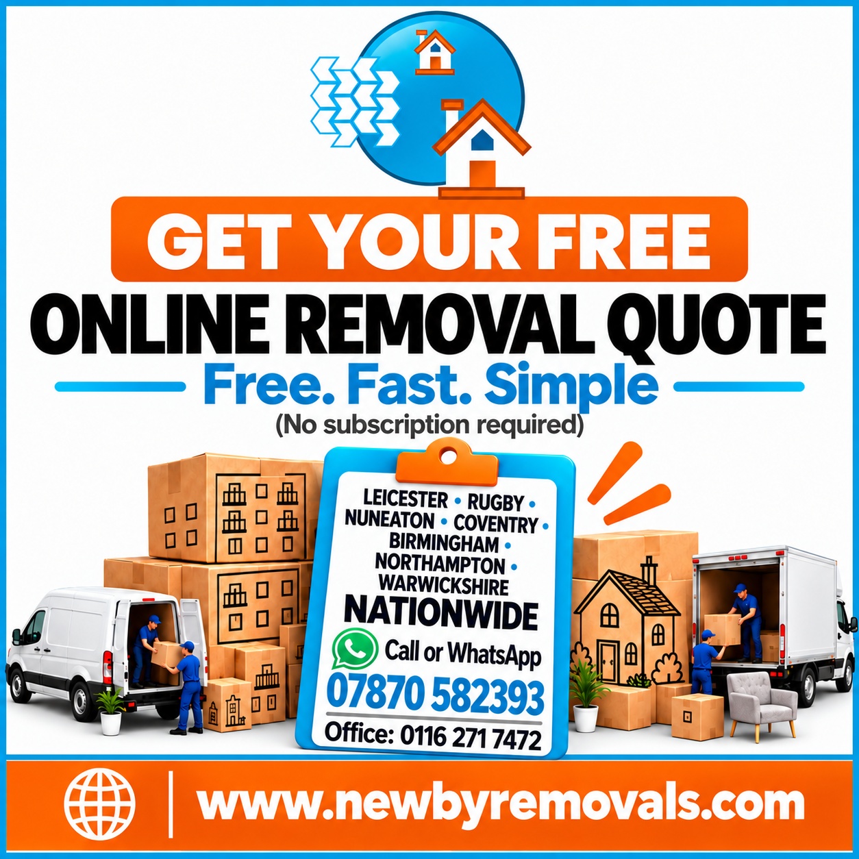 Newby Removals — get your free online removal quote. Free, fast and simple, no subscription required. Serving Leicester, Rugby, Nuneaton, Coventry, Birmingham, Northampton and Warwickshire to nationwide.