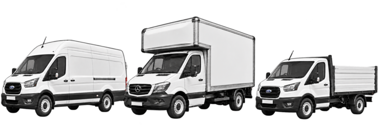 Black-and-white long-wheelbase Transit, Luton van and forward-facing empty tipper with high white loading sides